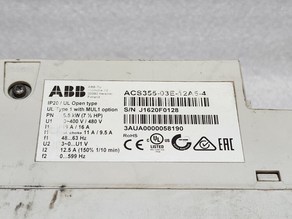 ABB ACS355-03E-12A5-4 AC drive label, 5.5kW, with part number and certifications, industrial automation part.