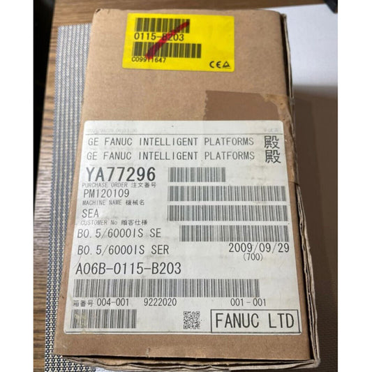 FANUC A06B-0115-B203 Servo Motor Packaging. Includes product details, part number, and manufacturer information.