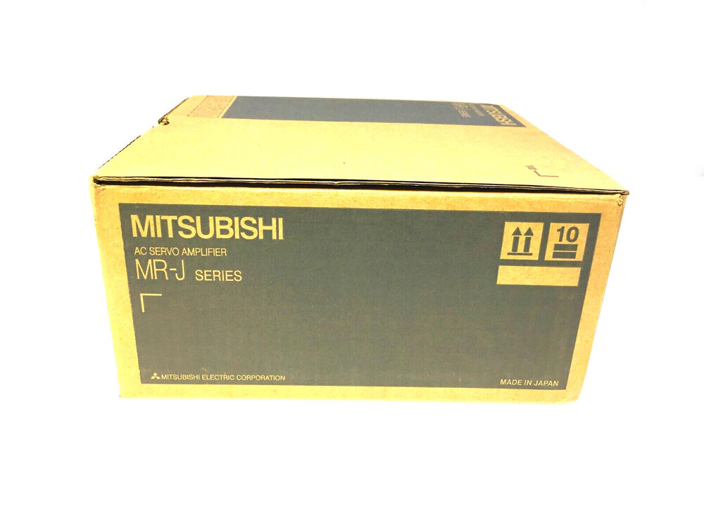 Mitsubishi MR-J Series AC Servo Amplifier box. Made in Japan, featuring product label and specifications.