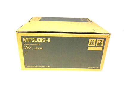 Mitsubishi MR-J Series AC Servo Amplifier box. Made in Japan, featuring product label and specifications.
