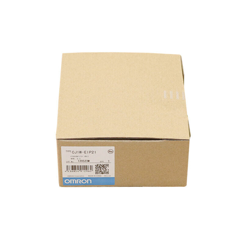 Omron CJ1W-EIP21 Ethernet PLC Module in box, product label showing specifications, New In Box