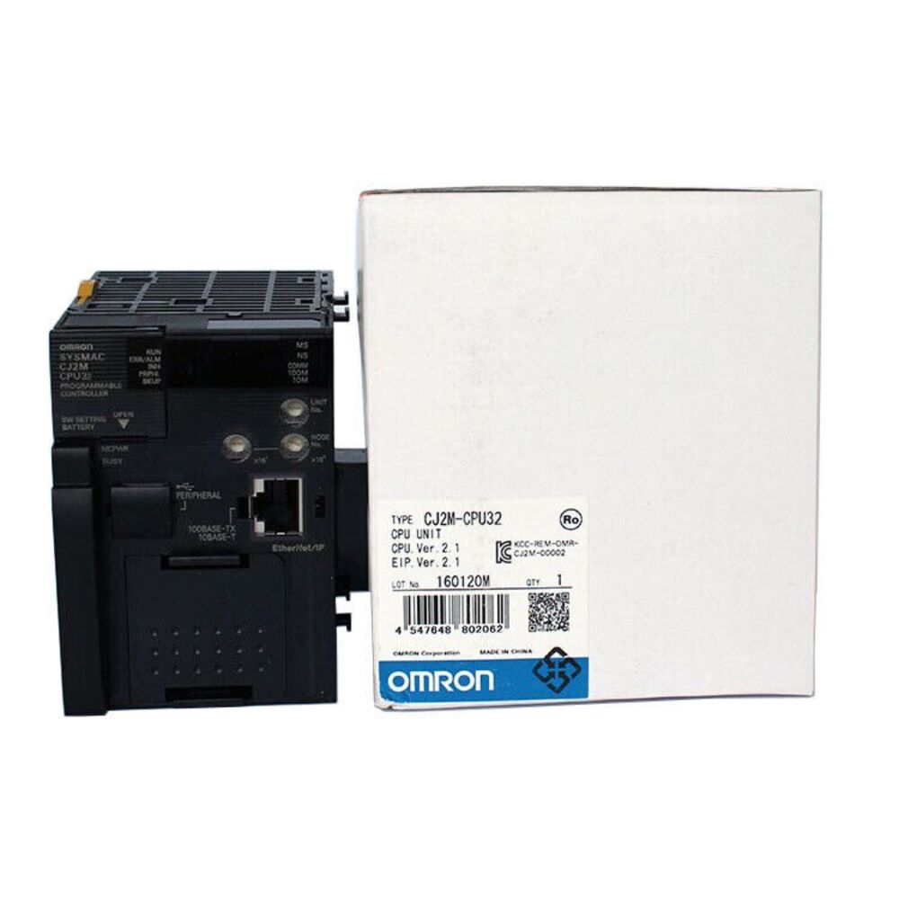 Omron CJ2M-CPU32 PLC Module, New In Box, featuring product details and labels, Ethernet/IP connectivity.