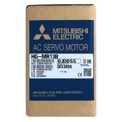 Mitsubishi HG-MR13B AC Servo Motor in its packaging, featuring product details and specifications.