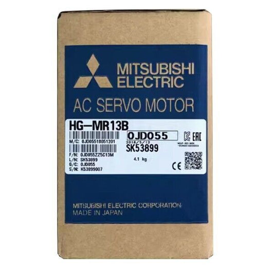 Mitsubishi HG-MR13B AC Servo Motor in its packaging, featuring product details and specifications.