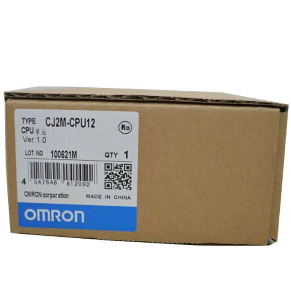 Omron CJ2M-CPU12 PLC Module new in box, with barcode and 'MADE IN CHINA' text, for industrial automation.