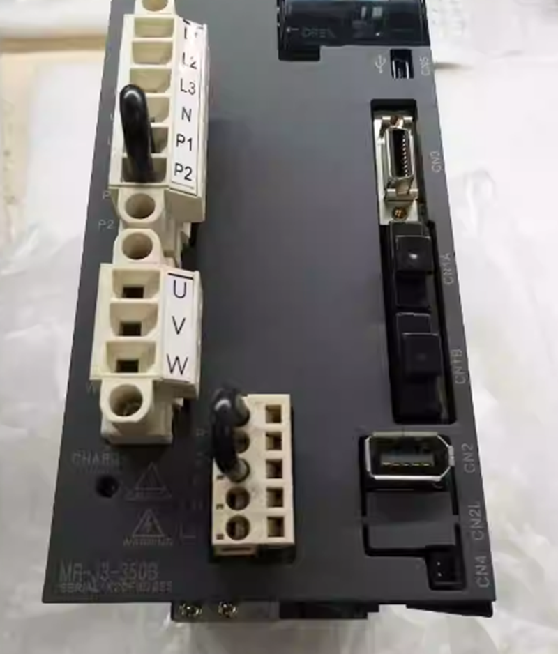 Mitsubishi MR-J3-350B Servo Drive, new. Industrial automation part, power connectors, USB port, and serial interface.