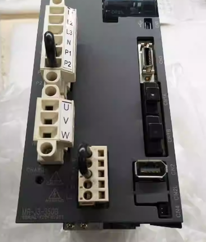 Mitsubishi MR-J3-350B Servo Drive, new. Industrial automation part, power connectors, USB port, and serial interface.