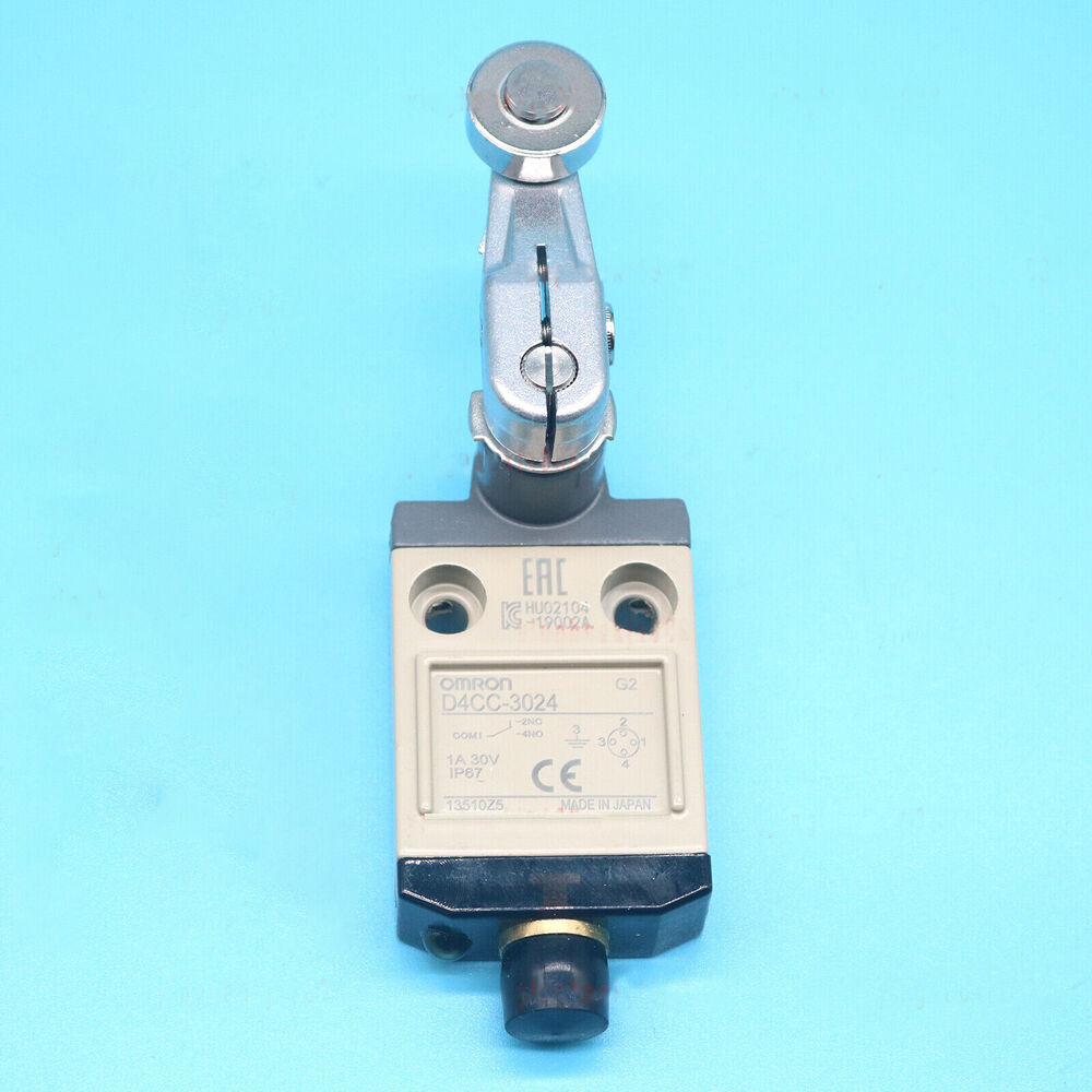 Omron D4CC-3024 limit switch sensor with lever arm, industrial automation component, Made in Japan.