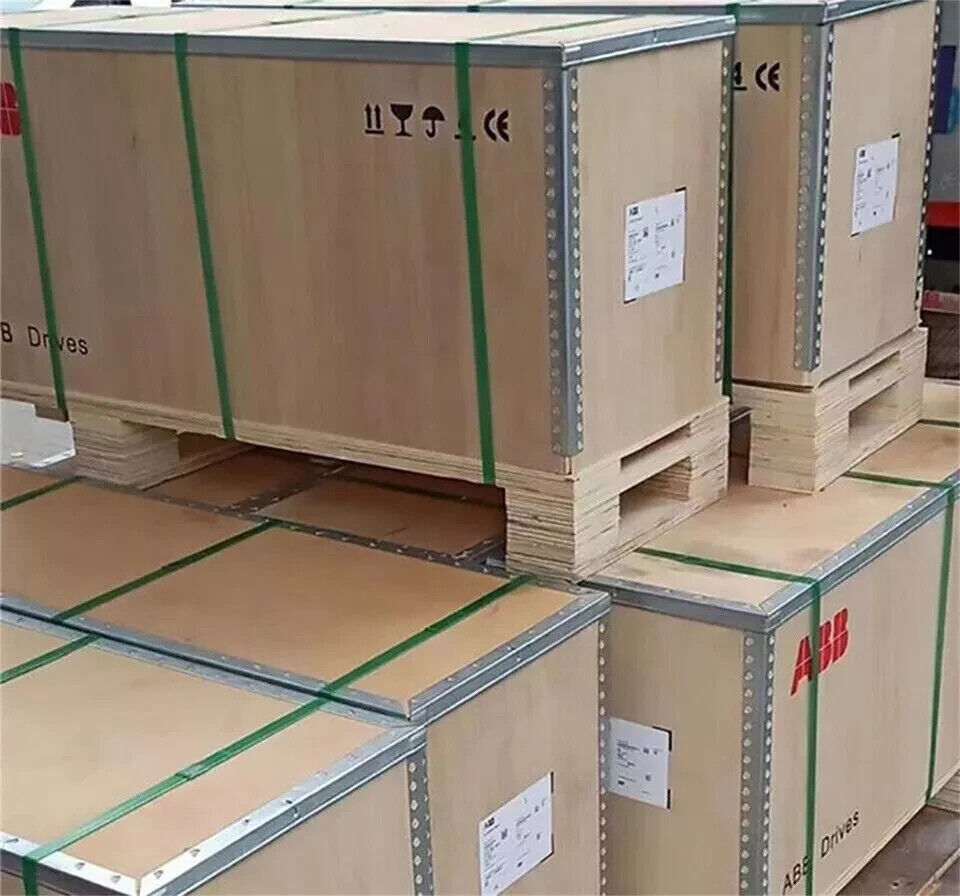 ABB ACS580-01-293A-4 frequency converter shipping crates, ready for UPS. "ABB Drives" label visible.