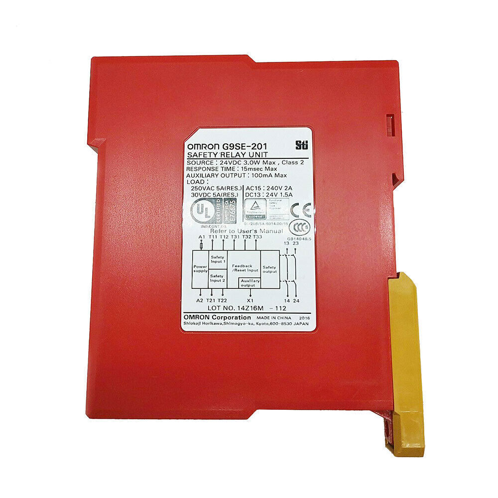 Omron G9SE-201 Safety Relay Unit, red industrial automation PLC module with specifications and certifications.