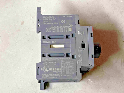 ABB OT80F3 80A Disconnect Switch, Grey plastic housing, UL Listed, 600VAC 80A marking, industrial automation part.
