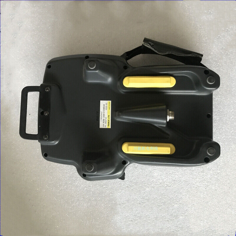 Refurbished FANUC A05B-2490-C371 Teach Pendant underside view, black, yellow accents. Includes handle and label.