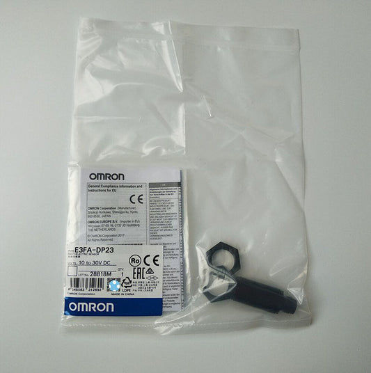 New Omron E3FA-DP23 Photoelectric Sensor in packaging, 10 to 30V DC, industrial automation part.