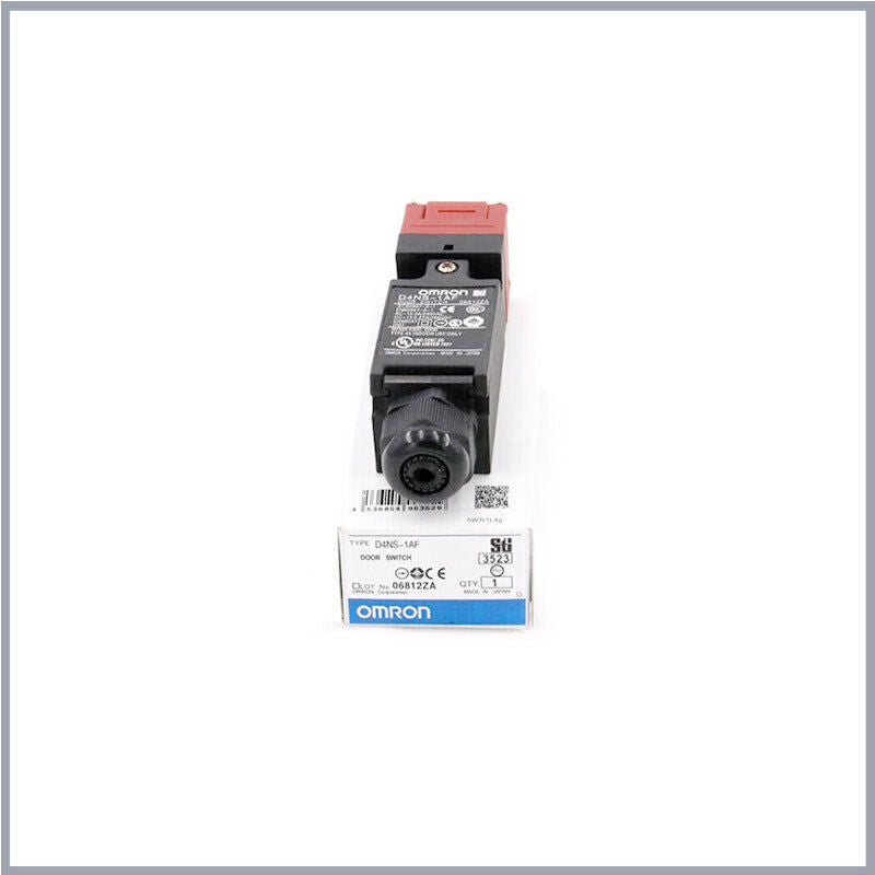 Omron D4NS-1AF door switch, black and red with product label. Industrial automation sensor.