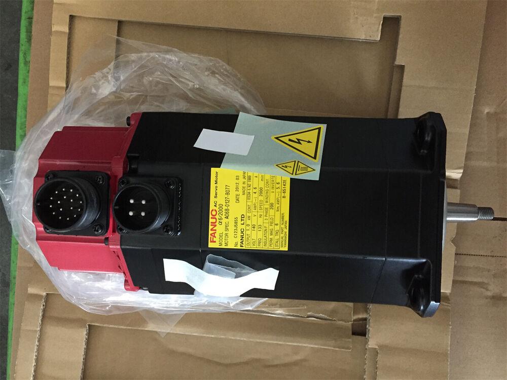 FANUC A06B-0127-B077 Servo Motor, Black and Red Housing with Connectors, Industrial Automation Part