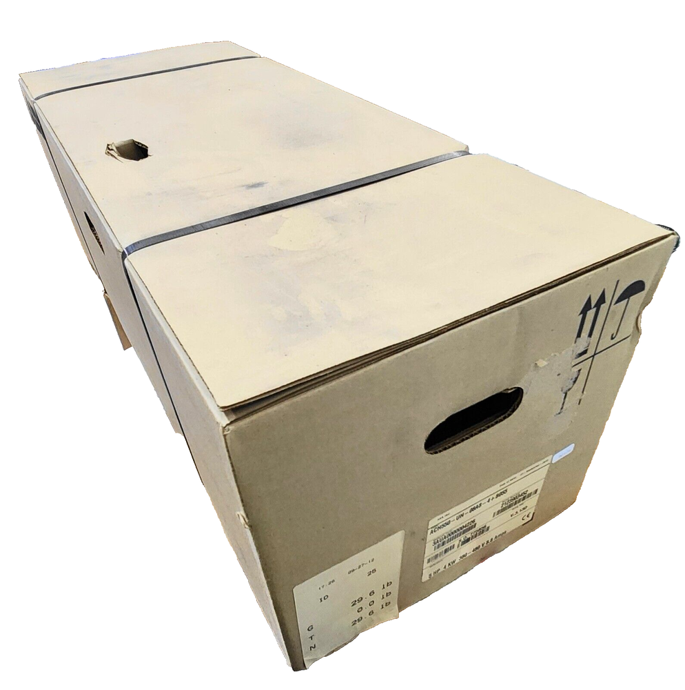 ABB ACH550-UH-08A8-4+B055 VFD packaged in a brown cardboard box with black straps, ABB Drives.