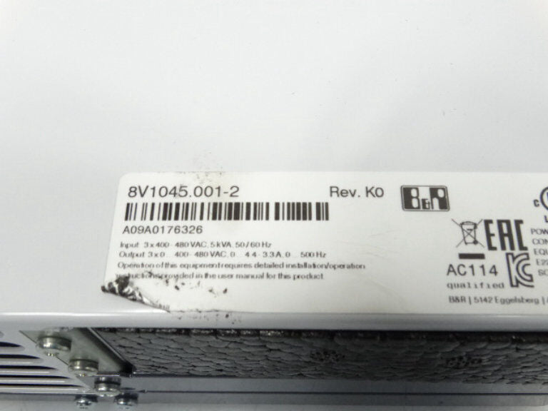 B&R 8V1045.001-2 Servo Drive product label, industrial automation component