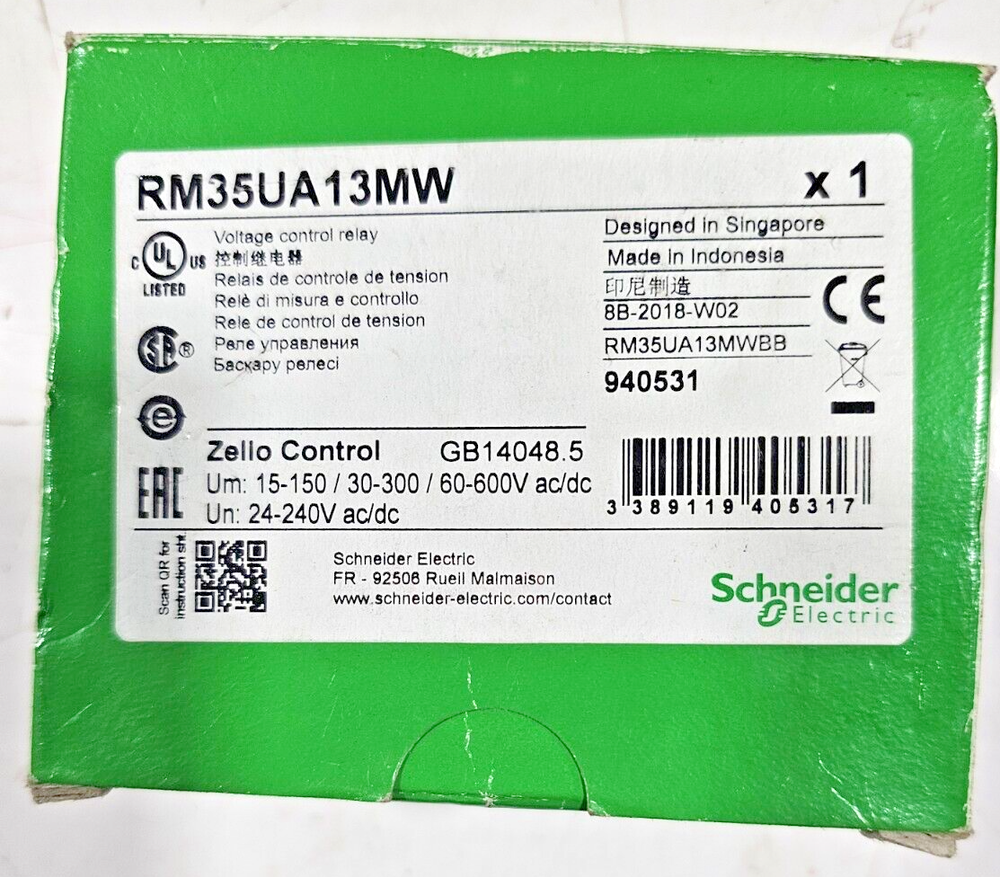 SCHNEIDER RM35UA13MW VOLTAGE CONTROL RELAY VOLTAGE 24-240VAC/DC