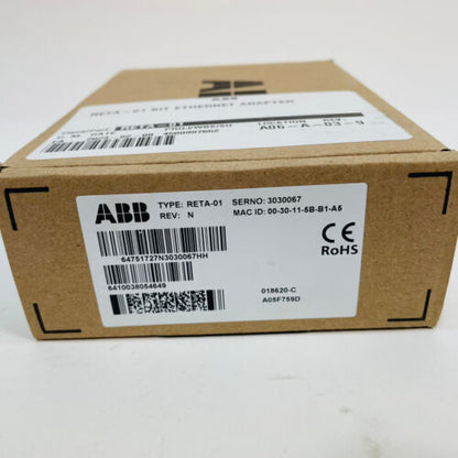 ABB RETA-01 Ethernet Adapter box. New In Box with product information visible.
