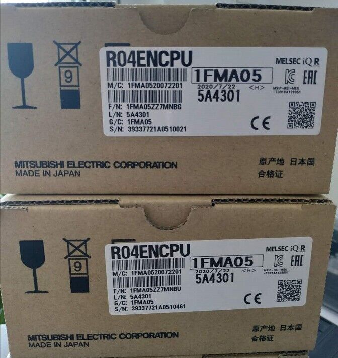 Mitsubishi R04ENCPU PLC Module box, featuring product information and manufacturing details.  New In Box.