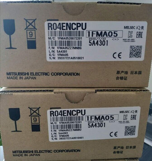 Mitsubishi R04ENCPU PLC Module box, featuring product information and manufacturing details.  New In Box.