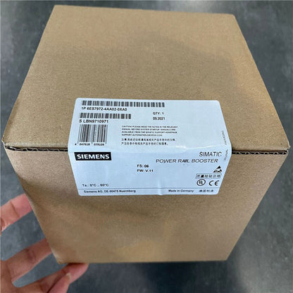 Siemens 6ES7 972-4AA02-0XA0 PLC module in original packaging, Power Rail Booster label, Made in Germany