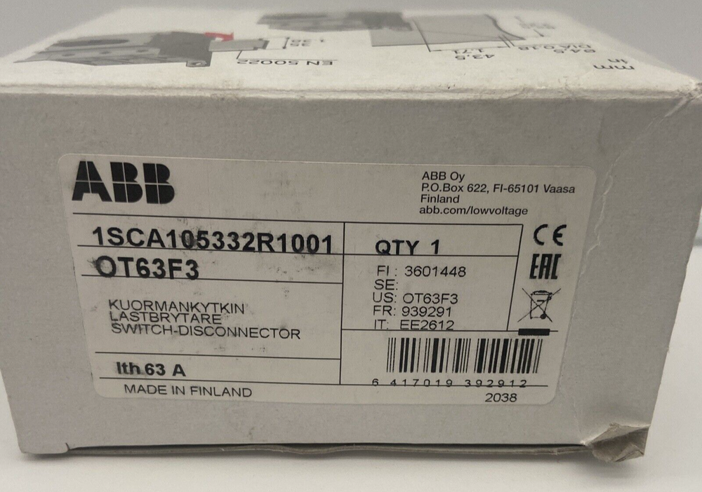 ABB OT63F3 Disconnector Switch product box with specifications, Made in Finland, 63A.
