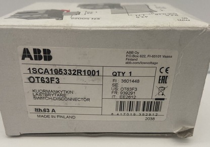 ABB OT63F3 Disconnector Switch product box with specifications, Made in Finland, 63A.
