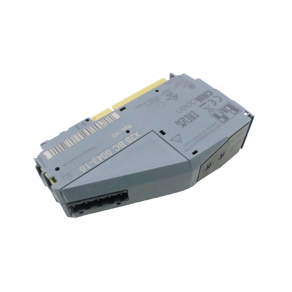B&R X20BC0043-10 Remote I/O Bus Controller Module. Gray plastic housing. Angled shot, white background.