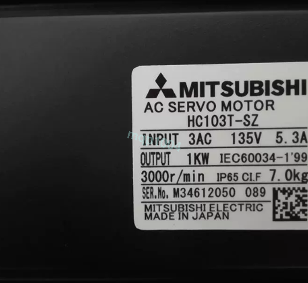Mitsubishi HC103T-SZ AC Servo Motor label, industrial automation component, 3AC 135V, Made in Japan.