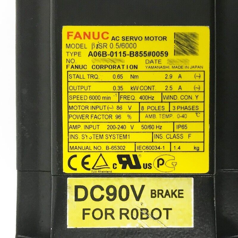 FANUC A06B-0115-B855#0059 AC Servo Motor for Robot with DC90V Brake, Industrial Automation Part