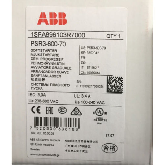 ABB PSR3-600-70 Soft Starter, product label with model, specifications, and certifications. Industrial automation part.