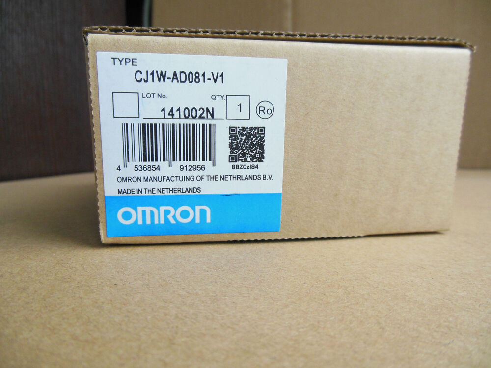 OMRON CJ1W-AD081-V1 PLC Module Box, made in the Netherlands, featuring product details and barcode.