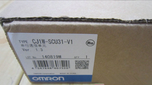 Omron CJ1W-SCU31-V1 PLC Module box, brown cardboard, product label with type, version, lot number, and barcode