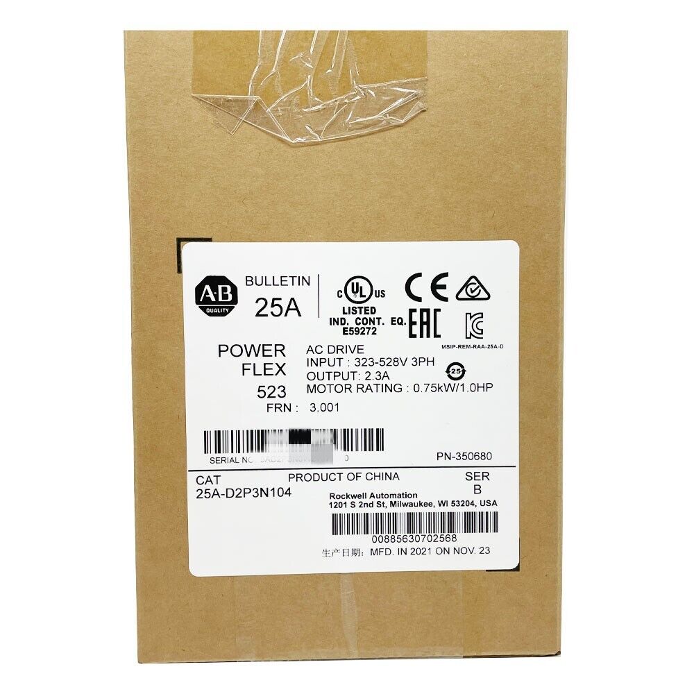 PowerFlex 523 AC drive label, 25A-D2P3N104. 1 HP 480V industrial drive from Allen-Bradley.