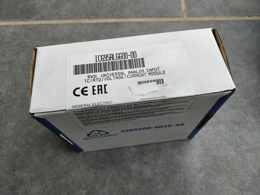 FANUC IC695ALG600-DD module box. General Electric RX3i Universal Input Module, PLC part, recyclable.