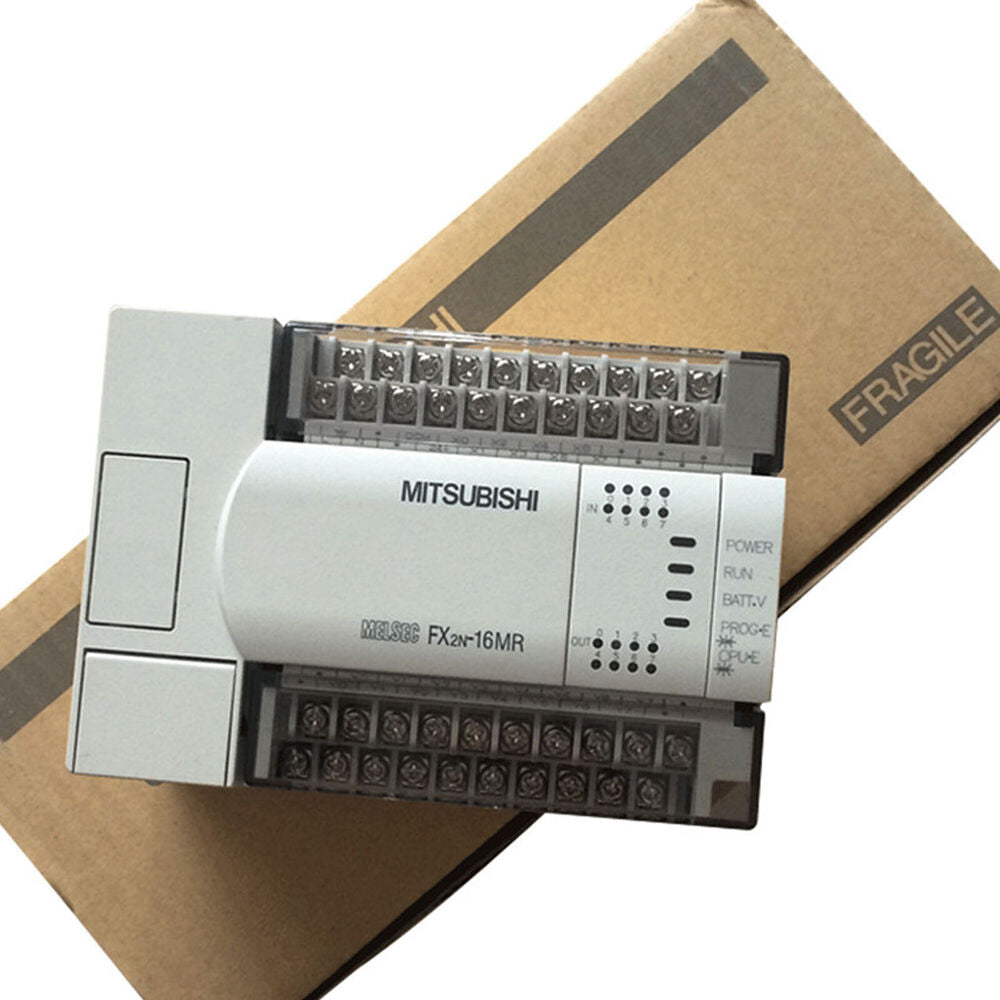 Mitsubishi FX2N-16MR PLC, white PLC unit with indicators, on cardboard box, labeled MITSUBISHI.