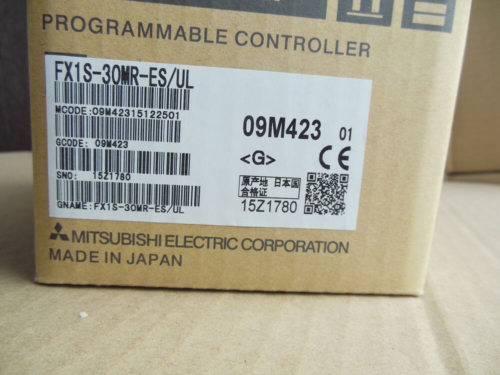 Mitsubishi FX1S-30MR-ES/UL Programmable Controller Box, New, Made in Japan, featuring product information and barcode labels.