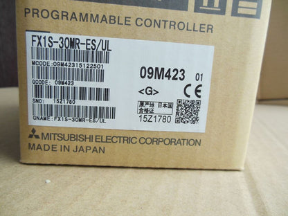 Mitsubishi FX1S-30MR-ES/UL Programmable Controller Box, New, Made in Japan, featuring product information and barcode labels.