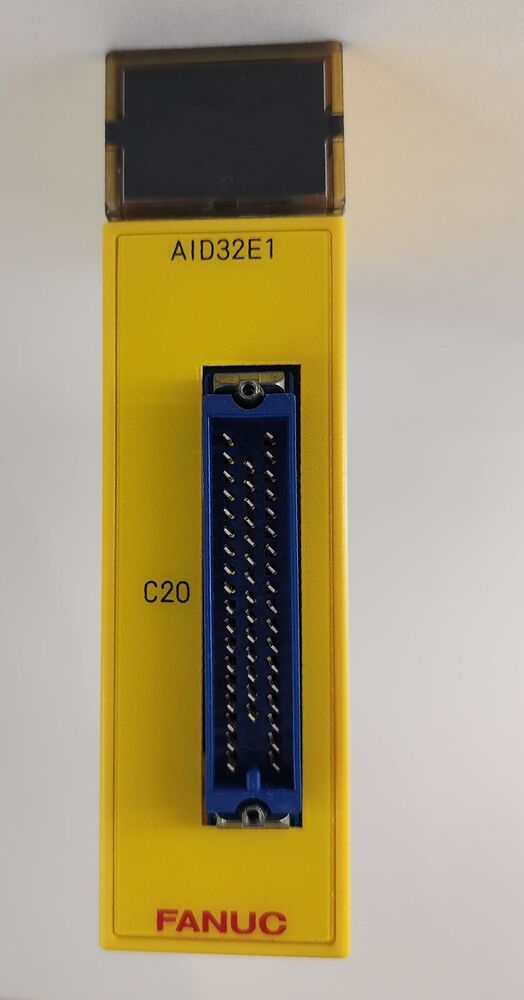 FANUC A03B-0807-C105 I/O Interface Module AID32E1, yellow PLC module with blue connector.