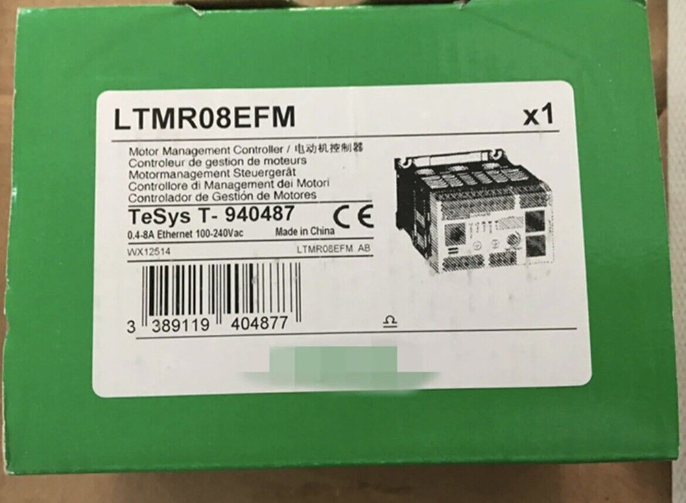 Schneider LTMR08EFM Motor Management Controller box, side view, featuring product label and barcode.
