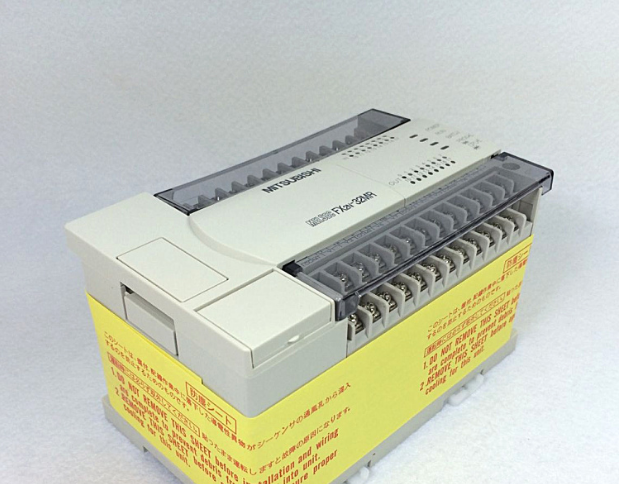 Mitsubishi FX2N-32MR-001 PLC module, new industrial automation part, front view with terminals, indicators, yellow sheet.