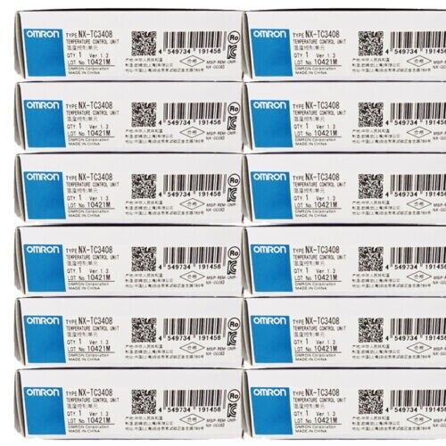 Omron NX-TC3408 temperature control units, new in box, stacked. Industrial automation parts.