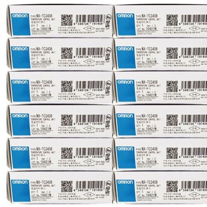 Omron NX-TC3408 temperature control units, new in box, stacked. Industrial automation parts.