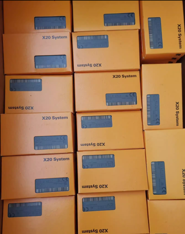 Boxes of B&R X20 AO4622 Analog Output Modules, X20 System in orange packaging, industrial automation parts