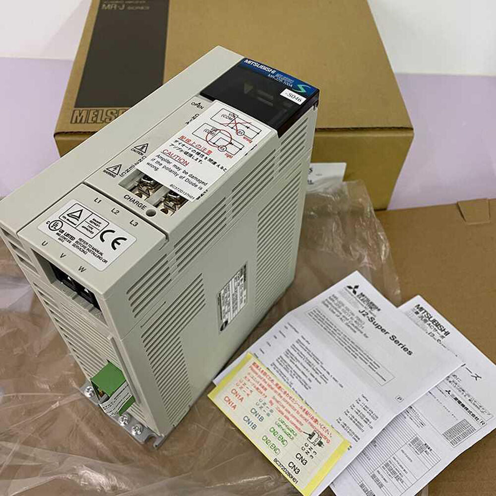 Mitsubishi MR-J2S-100A-S046 Servo Drive in box, product shot from a high angle.