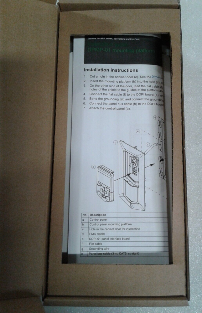 ABB DPMP-01 Mounting Platform Kit Installation Guide, illustrating control panel and platform assembly details.