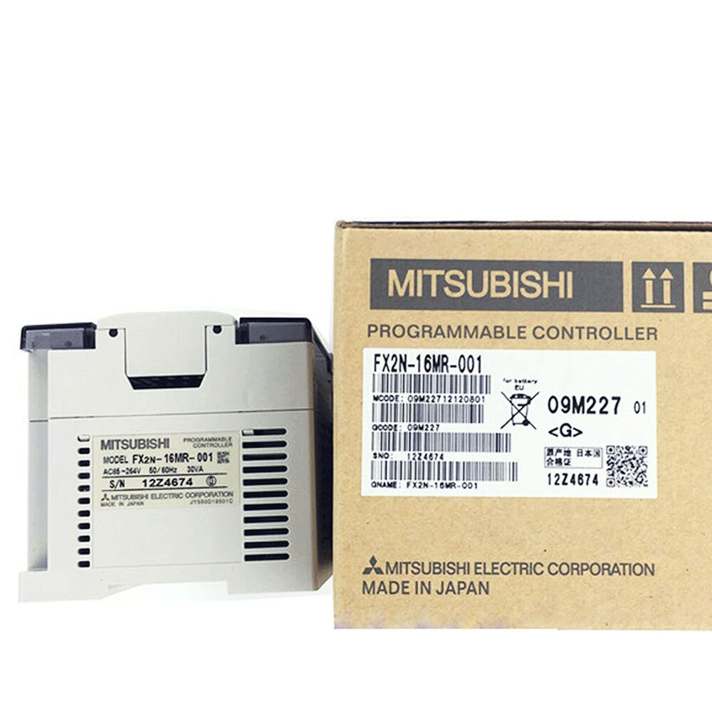 Mitsubishi FX2N-16MR-001 PLC Programmable Controller, Made in Japan, product shot. Includes box with specifications.