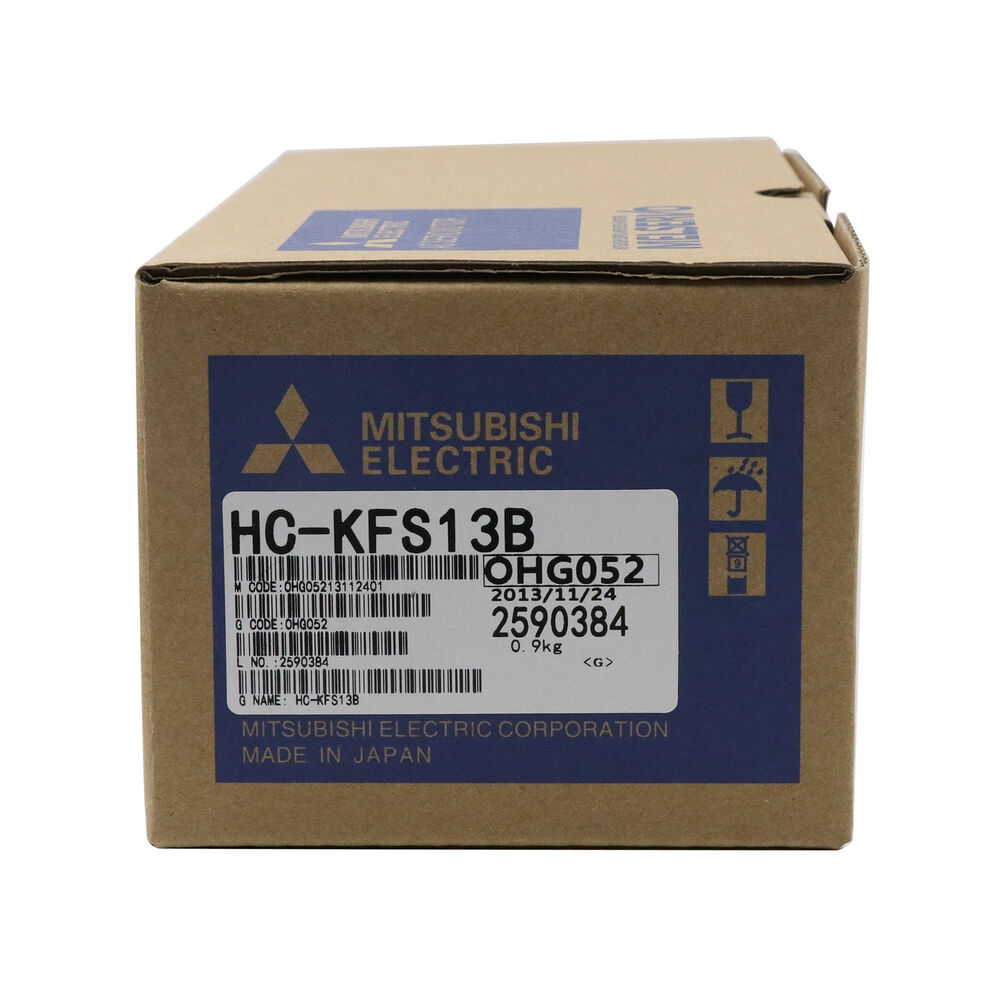 Mitsubishi HC-KFS13B servo motor box, featuring product details and Mitsubishi Electric logo.