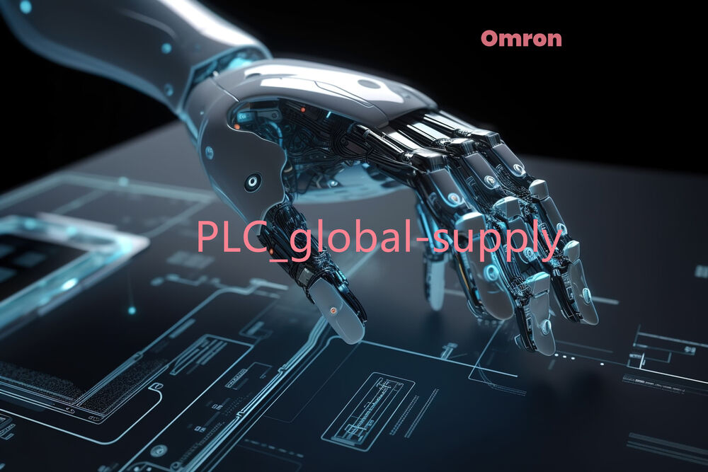 Futuristic robotic hand, Omron brand, PLC global supply, digital design background.